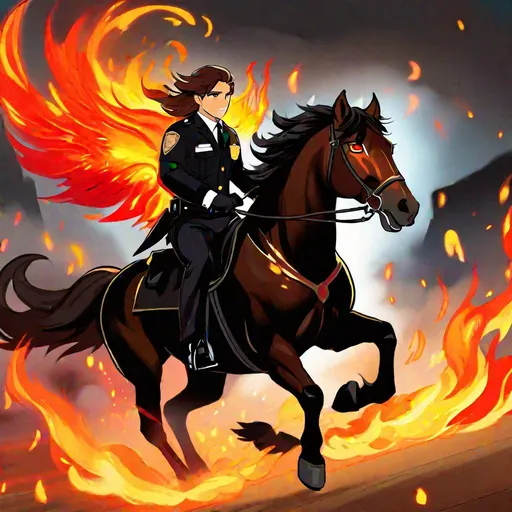 Prompt: Caleb  as a police officer (brown hair) (brown eyes) wearing a tuxedo, full body, riding a (black coated demon horse, glowing red eyes, glowing fire mane, and glowing fire tail) running through hell, rearing up on its hind legs