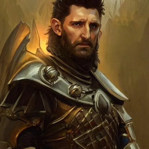 Prompt: realistic portrait of a dnd male paladin wearing chain mail portrayed by richard armitage, D&D, shorter brown hair, brown eyes, highly detailed, concept art, smooth, art by artgerm and greg rutkowski and alphonse mucha and simon stalenhag, ambient lighting, fantasy