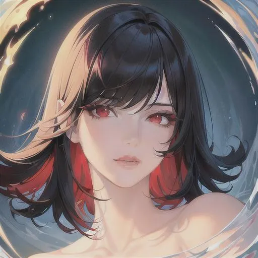 Prompt: (masterpiece, illustration, best quality:1.2), floating in a blood filled pool, short trimmed black hair, red eyes  wearing white robe, best quality face, best quality, best quality skin, best quality eyes, best quality lips, ultra-detailed eyes, ultra-detailed hair, ultra-detailed, illustration, colorful, soft glow, 1 woman, mature woman