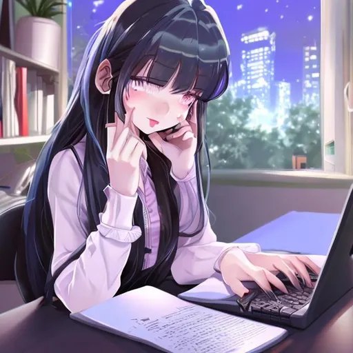 Prompt: anime girl sitting in night and study with her computer she have long white hair and desk with she have buttoned big shirt and she's cute