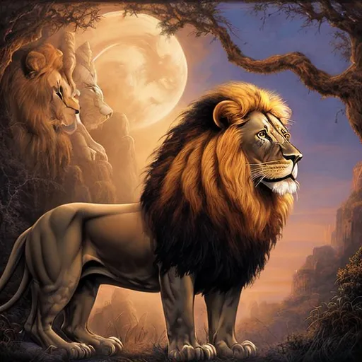 Prompt: Capture the magic of twilight with a lion mural depicting the creature under the soft, enchanting hues of dusk
