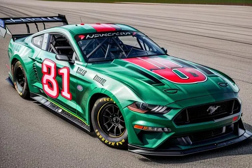 Prompt: Next Gen Nascar stock 2019 Ford Mustang car, sponsored by OpenArt