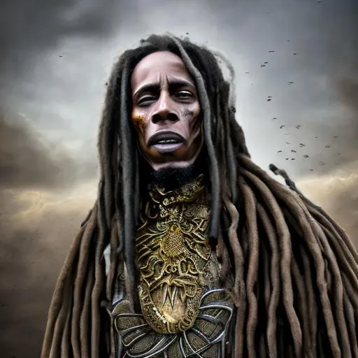 Prompt: bob marley undead knights, high detail, photorealistic, hunched over, menacing, gold chains, bid red eyes, flowing dreadlocks, african warrior features, undead, skeletons, zombies looking like snoop dogg, rot, undead army, dark cloudy sky’s, slight rain, realistic body symmetry, gloomy environment, project buildings surrounded 