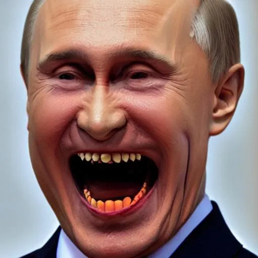 Prompt: Putin wih sharp teeth and evil grin