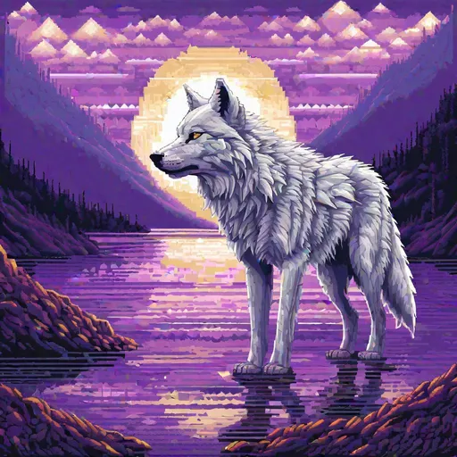 Prompt: pixel art, 16-bit, beautiful {white wolf}, with {silver eyes}, looking at viewer, glaring through fourth wall, layers of purple mountain silhouettes, magical fantasy crystal lake, twilight, highly detailed, beautifully detailed shading, complementary colors, golden ratio