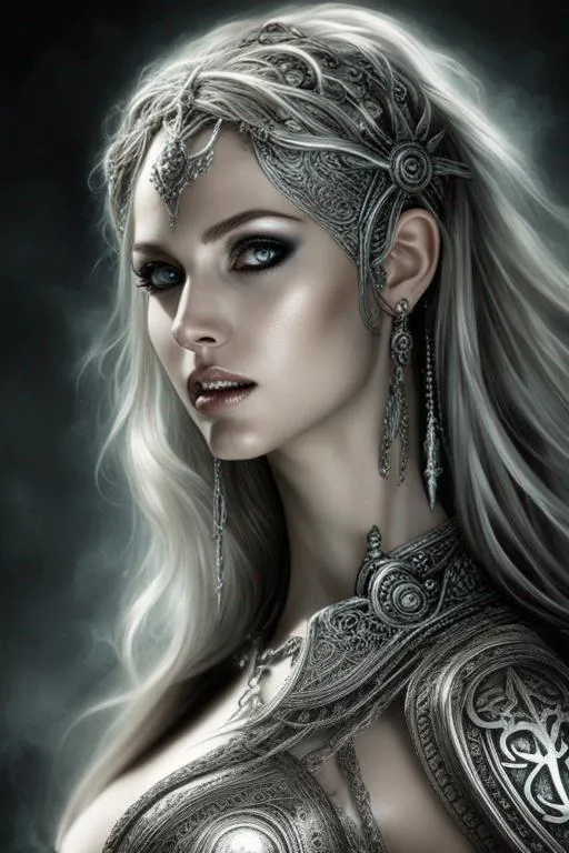 Prompt: Beautiful goddess covered in nightly glow with detailed silver features, beam, dark fantasy by Luis Royo, in the style of studio portrait, cyberpunk