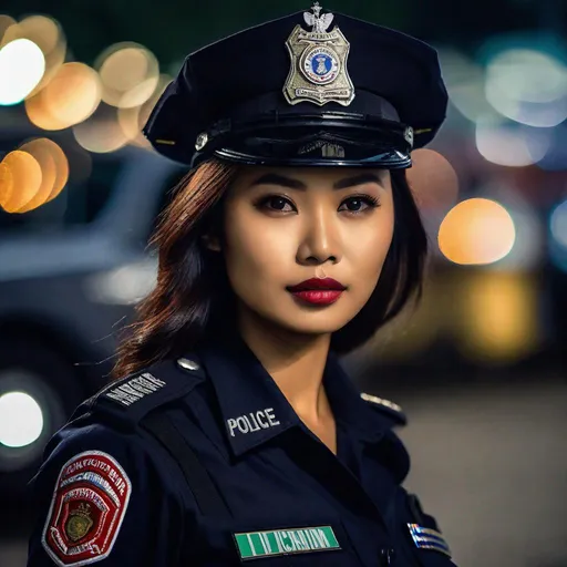 Prompt: pretty young slim Indonesian woman, 25 year old, (round face, high cheekbones, almond-shaped brown eyes, epicanthic fold, small delicate nose), uniform Indonesian national police, posing for a picture, action pose, backdrop mobil polisi, flashing lights, elegant, stylish, masterpiece, intricate detail, realism, hyper-realism, RAW photo, octane render, 8K, HDR, UHD