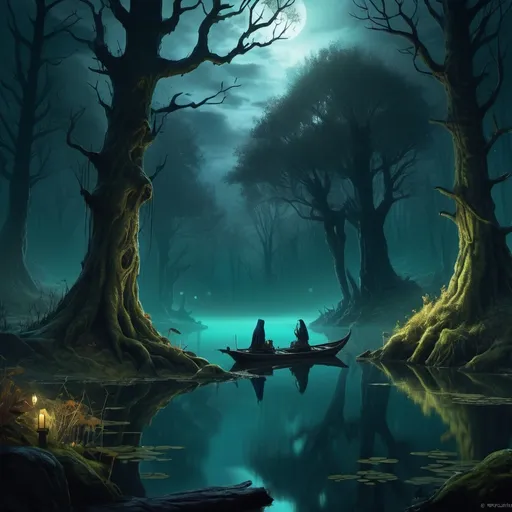 Prompt: Warhammer fantasy RPG style small pond in eerie woods, autumn, mist, dense forest, mysterious atmosphere, detailed foliage and twisted trees, haunting reflections in water, high quality, dark fantasy, eerie dark blue and green tones, atmospheric lighting,  three people sitting around single fire camp, dark sky