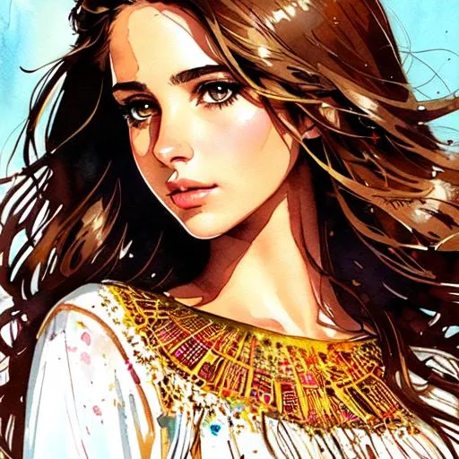 Prompt: enchanting,sticker of a full body picture of a Naomi Scott, long brown hair, highly detailed beautyfull face, banksy art, Kim Jung gi, freedom, soul, digital illustration, comic style, fantasy noir, approaching perfection, dynamic, highly detailed, watercolor painting, artstation, concept art, smooth, sharp focus, illustration, art by Carne Griffiths and Wadim Kashin ,