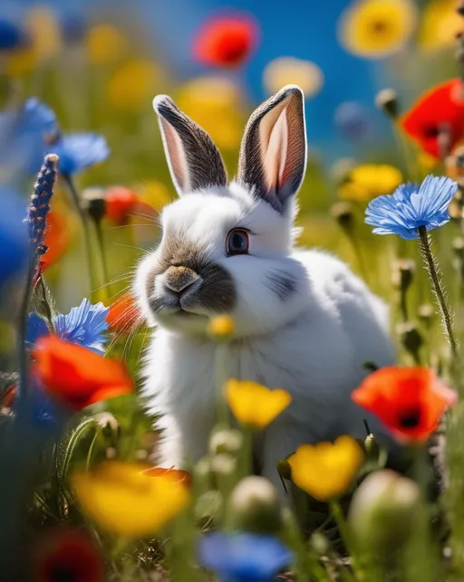 Prompt: An adorable baby rabbit with soft white fur sitting in a field of vibrant wildflowers on a sunny spring day, surrounded by red poppies, yellow buttercups, and blue cornflowers. The rabbit blends into the pastel flowers, with just its little face peeking out. Shot from ground level perspective , Canon 5D Mark IV and 100mm macro lens to capture details. The mood is serene, gentle and filled with new life. In the style of Beatrix Potter.