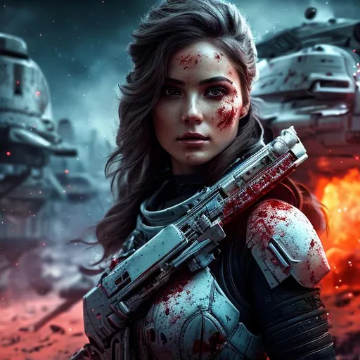 Prompt: create a photograph of beautiful  fictional female elite space soldier in space battle who is also battle-scarred and covered in blood, extremely detailed environment, war in the background, detailed background, intricate, detailed skin, natural colors , professionally color graded, photorealism, 8k, moody lighting