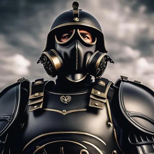 Prompt: A modern roman military male in black military armor galea helmet of roman armor, and gas mask, background military base, Hyperrealistic, sharp focus, Professional, UHD, HDR, 8K, Render, electronic, dramatic, vivid, pressure, stress, nervous vibe, loud, tension, traumatic, dark, cataclysmic, violent, fighting, Epic