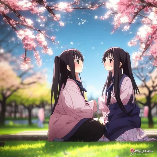 Prompt: an anime scene featuring two friends sharing a heartfelt moment under a blooming cherry blossom tree
