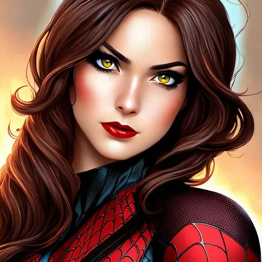 Prompt: Spider-woman, brown hair, beautiful, black and red suit, hazel eyes, 