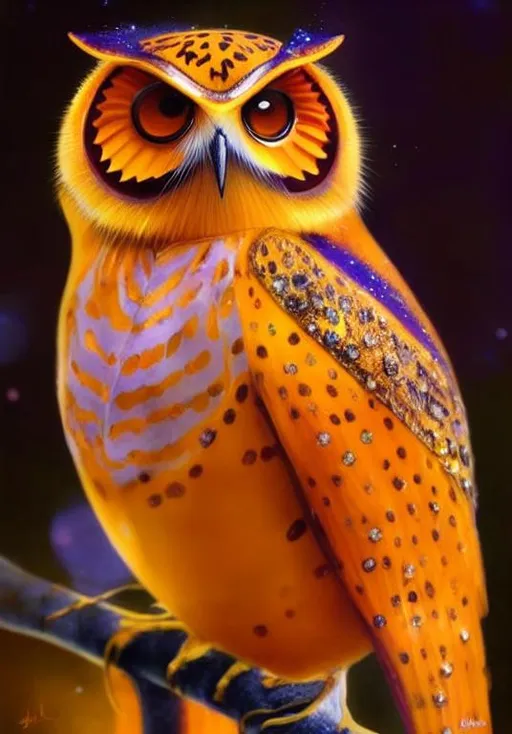 Prompt: Glossy, sparkling portrait of a orange owl. Art by  jean Baptiste monge, ismail inceoglu, Victo Ngai, Sherry Akrami, Anna Dittman, Lucie Bilodeau, Laura Diehl, catrin welz-stein, Paul Delaroche, highly detailed, sharp focus, fantastic view, dreamy, Epic, celestial, sparkling, glossy, light emitting,  inner light.