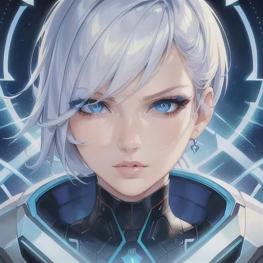Prompt: (masterpiece, illustration, best quality:1.2), cyber background, short trimmed white hair, blue eyes, wearing futuristic clothes, portrait, (mean face), best quality face, best quality, best quality skin, best quality eyes, best quality lips, ultra-detailed eyes, ultra-detailed hair, ultra-detailed, illustration, colorful, soft glow, 1 woman, mature woman, futuristic theme