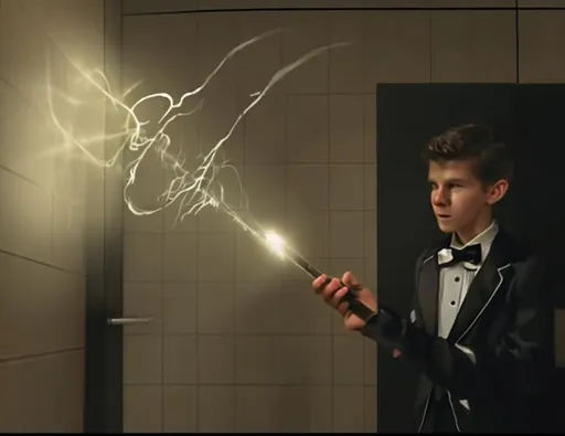 Prompt: 13 year old boy in a tuxedo cast a magic spell on someone in a bathroom stall with his magic wand  from the outside. Do not show the inside of the stall. Just show the boy in his tuxedo pointing his magic wand and casting the spell on the stall that has crazy magic spewing out of the top every wich way