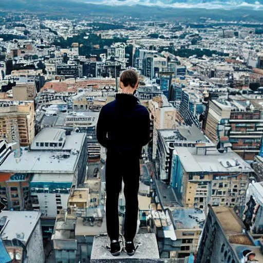 Prompt: Emotionless suicide jumper standing on the edge of a building with view from his back