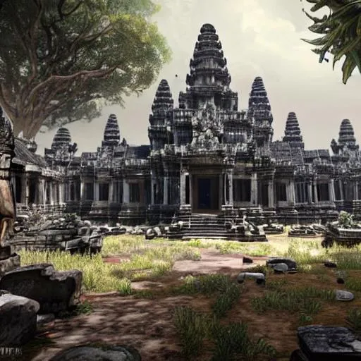 Prompt: an entirely unique area in bloodborne, highly detailed concept art, stunning, screenshot, khmer temple in jungle, angkor wat, ta prohm, bayon