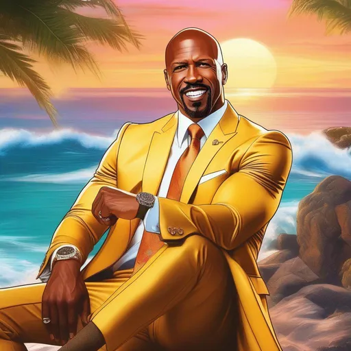 Prompt: Terry Crews as Nicolas Cage,  gentleman, fashion rocks, background shoreline, warm lighting, in the style of dragon ball anime