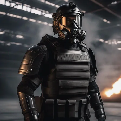 Prompt: A modern roman military male in black military roman armor, and gas mask, background sci fi hangar deck, Hyperrealistic, sharp focus, Professional, UHD, HDR, 8K, Render, electronic, dramatic, vivid, pressure, stress, nervous vibe, loud, tension, traumatic, dark, cataclysmic, violent, fighting, Epic