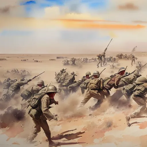 Prompt: Battle of El Alamein 1942 in watercolor