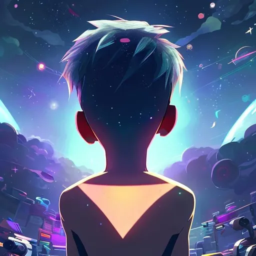 Prompt: drawn boy with his back to the camera, he is staring off into space, looking away from the POV, in a beautiful galaxy with stars all around him, off in the distance is a gaming controller