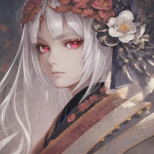Prompt: asterpiece, illustration, best quality:1.2), 1girl, solo, white hair, dignified, finely detailed, detailed face, toned face, beautiful detailed eyes, beautiful detailed shading, beautifully detailed background, red eyes, fallen leaf, autumn, black kimono, flower hair ornament