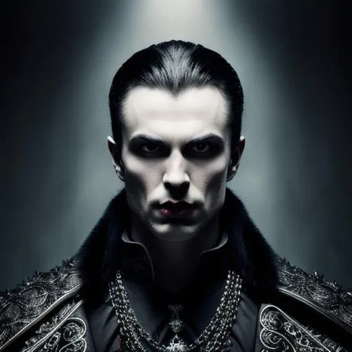 Prompt: a Photorealistic portrait of a vampire lord, grim - lighting, high - contrast, intricate details, elegant, highly detailed, Realistic, Film Quality, smooth, sharp focus, Evil, Sinister, Fangs dripping with blood
