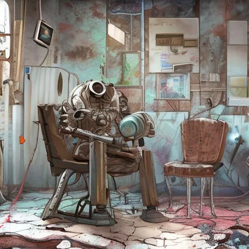 Prompt: A futuristic anime image that takes place during an apocalypse of a old rusted robot that is dead siting on a chair with it’s head tilted down. The robot is siting on a old wooden chair in an old abandoned house. The paint his peeling from the walls and there is a table with a old doll house on top of it.