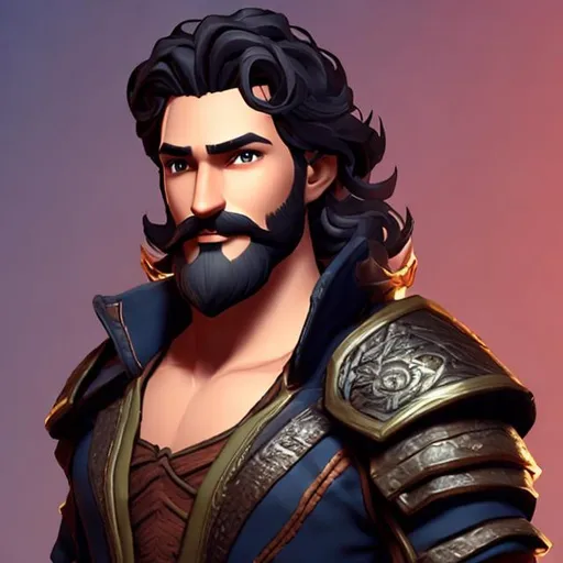 Prompt: fantasy character art,40-year-old male,dark-skinned,hair is short on sides and longer on top,wavy black hair,neatly-trimmed beard,necromancer,black-armor