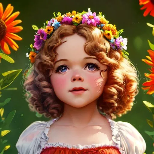 Prompt: young Shirley Temple as a fairy goddess of summer,wildflowers, warm colors, closeup