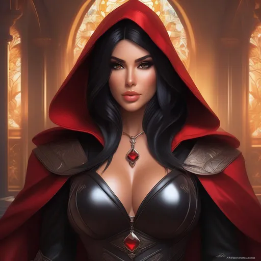 Prompt: Beautiful fantasy busty seducer, goth, (crop top:1.5), barely black leather fantasy armor clothed, black hair, brown skin, hooded red cloak, full body, highly detailed, digital painting, artstation, hyperrealistic, sharp focus, illustration, art by artgerm and greg rutkowski and alphonse mucha, 8k, pretty eyes, award-winning cgi, blender, headshot