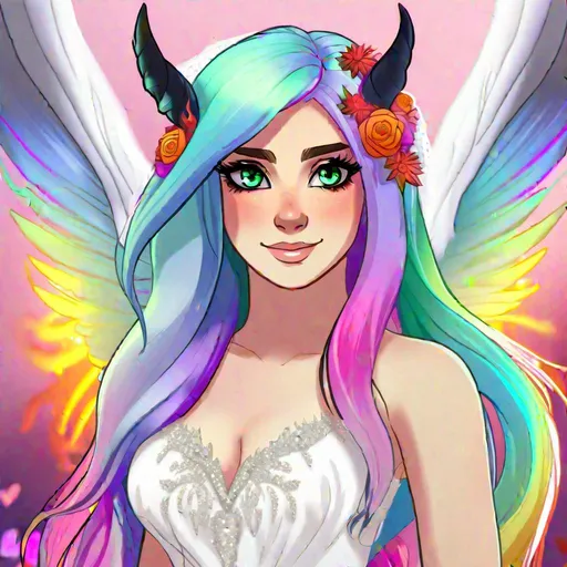 Prompt: Haley  as a demon horse hybrid (bright multi-color hair) (multi-color eyes) wearing a wedding dress (demon tail) (demon wings)