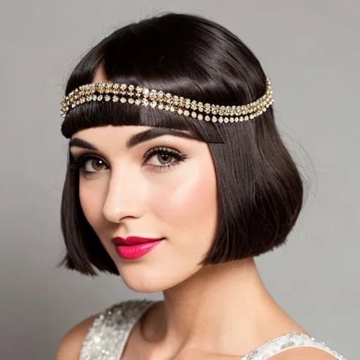 Prompt: Flapper with a ted bop haircut and a crystal headpiece 