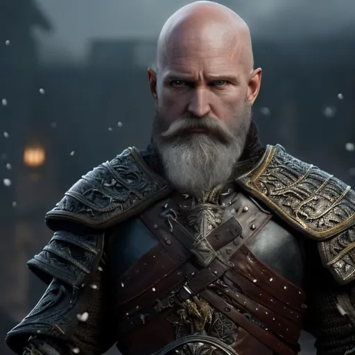 Prompt: uhd, very detailed, noble, exiled, swashbuckler,  bald, no hair, bald, long lenth gray beard, 40 years old, black coat over armor, strong, determined, full character view, plain background, fantasy