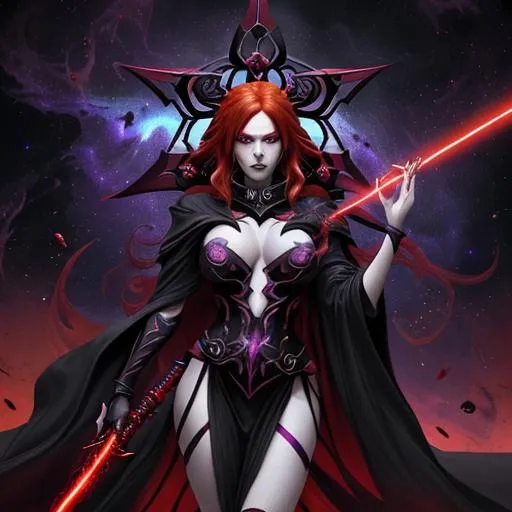 Prompt: Beautiful mayhem, divine chaos, anime Kali with fiery-red hair and red eyes and pale-reddish-purple skin, chaos red-witch in black Sith robes, her name is Talon and she bows regally to her dark master, in space nebula, elegant, prefect composition, soft cinematic lighting, sith master, golden shafts of light, the most beautiful person ever, watercolor illustration by mandy jurgens and alphonse mucha and alena aenami