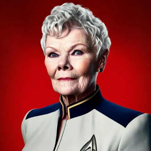 Prompt: A portrait of Judy Dench, wearing a Starfleet uniform, in the style of "Star Trek the Next Generation."