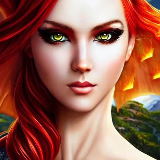 Prompt: a half human half dragon girl, dragon wings, ((dragon scales)), mountain, (lush forest in background), dragon claws, looking at viewer, (((detailed face))), RED hair, fiery red eyes, (fire), highly detailed, digital painting, HDRI, masterpiece, smooth, sharp focus, illustration, golden ratio, rule of thirds,