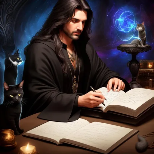 Prompt: front view of male sorcerer writing in a book, many pens around him, wandering cat in background, familiar, summoning wealth, protection, aura, alchemy, several amulets, dark clothing, black jacket, long flowing hair, realistic eyes, vivid colors, masterpiece, art by HR Giger, dark contrast, 3D lighting, nighttime in the heavens, background