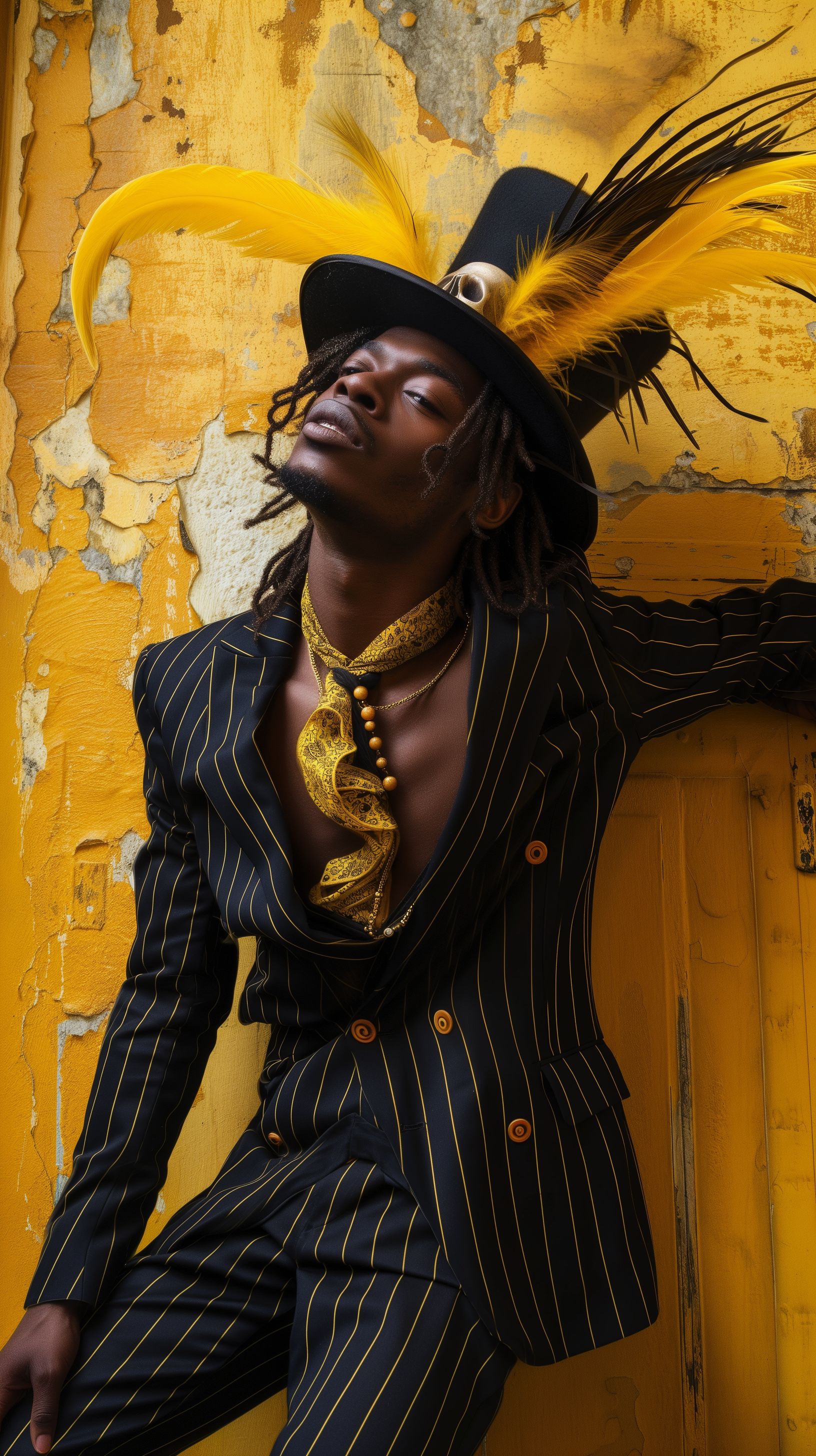 Prompt: realistic, flirty, thin, tall, handsome black man, in a 1600s yellow themed voodoo shop, breathless, leaning on a wall, mouth parted open with big beautiful lips, chocolate colored eyes, long dredlocks, a black pin stripe suit, and a top hat with long yellow feathers and a bleached bird skull on it, reaching out to grab viewer, head tilted back, flirty, thick black eyeliner around his eyes, --ar 9:16 --v 6.0