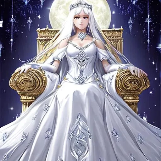 Prompt: Quenn on a throne long white hairs znd long white dress, shining crystal dimond diadem and moon