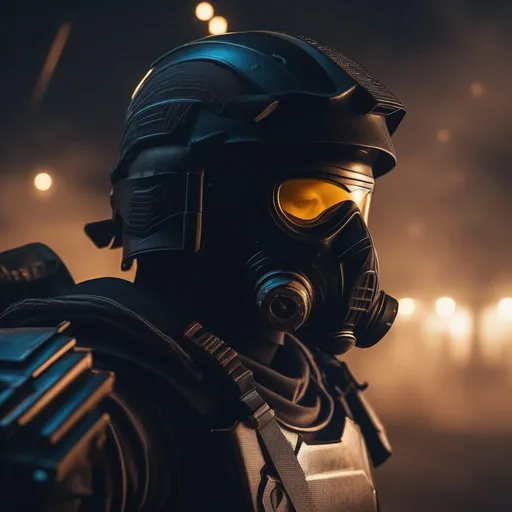 Prompt:  A sci fi futuristic roman military male in black military armor galea helmet of roman armor, and gas mask, violent war in camp at night, shooting guns, sharp focus, Professional, UHD, HDR, 8K,  Render, electronic, nervous vibe, loud, tension, dark, Epic