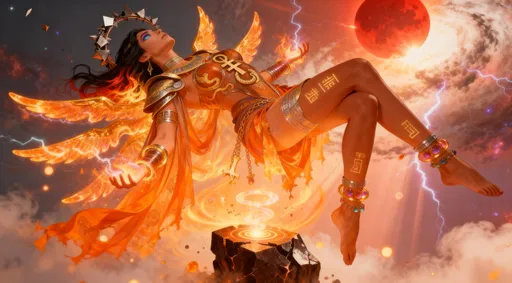 Prompt: "Full-body anime goddess Infinitess Daughter of Zeus and Hera, embodiment of infinite energy, surrounded by all shades of orange from deep burnt sienna to bright tangerine, with gold and tan flames and glowing auras. Flowing ethereal garments with intricate patterns, cosmic energy radiating from her body, soft glowing light and floating particles around her. Dynamic pose, cinematic composition, ultra-detailed anime eyes and hair, elegant and majestic. Highly detailed, dramatic lighting, vibrant color gradients, shimmering effects, fiery energy swirling around, mystical and divine atmosphere, full-body view, anime style, sharp focus, cinematic perspective."