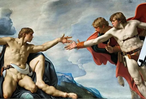 Prompt: Darth Vader as God and Luke Skywalker as Adam in Michael Angelo's "Creation of Adam" Michael Angelo Study. Storm Troopers as angels, Realistic Portraits, Hyper-realistic colors, sci-fi