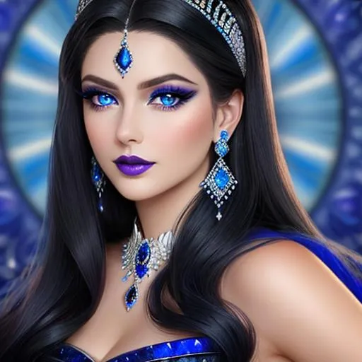 Prompt: a Sapphire lady, feminine elegant princess ,  dark hair, large blue eyes, wearing jewls in her hair,  beautiful makeup, blue eyeshadow, dark pink lipstick, facial closeup