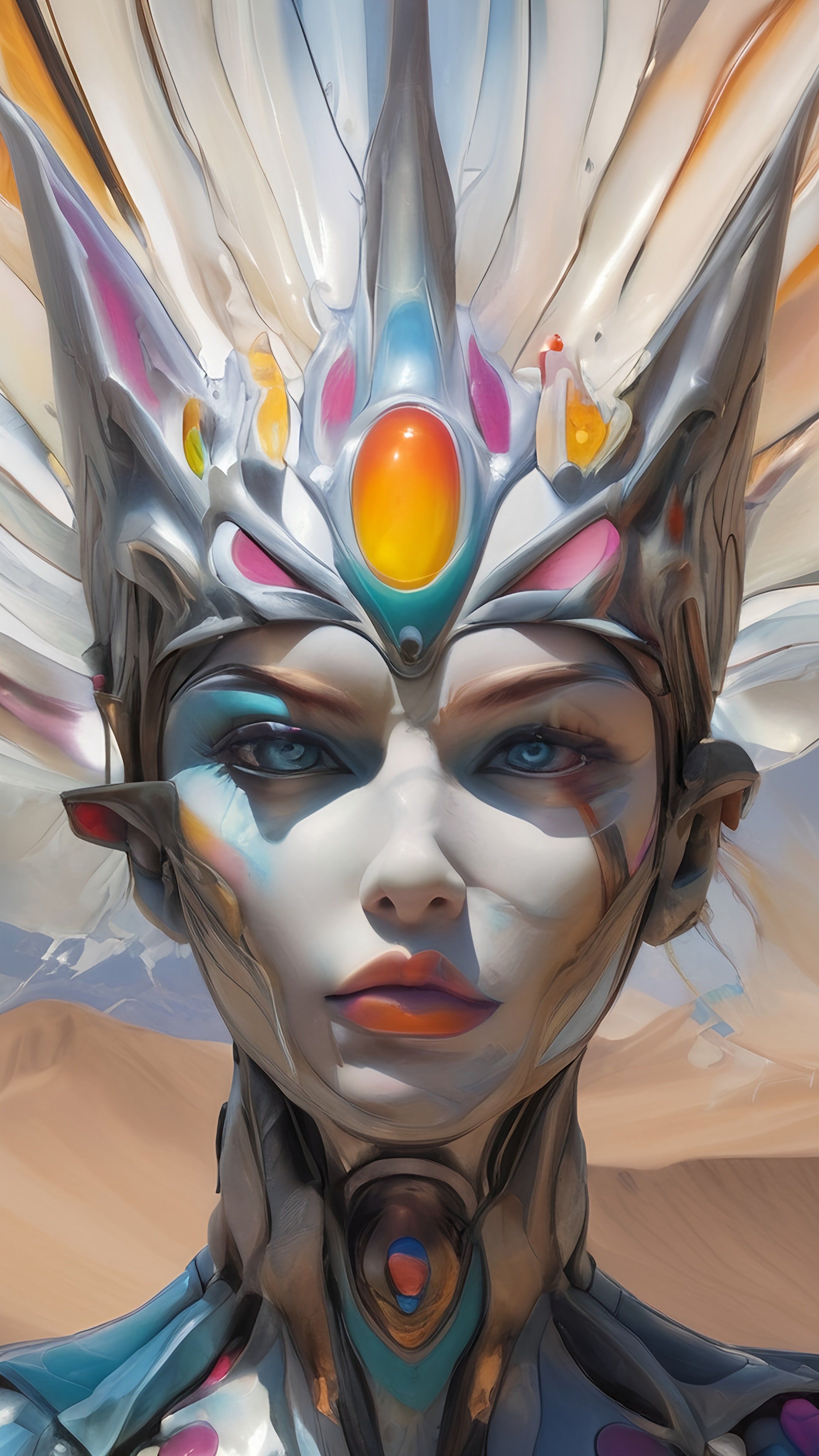 Prompt: a digital painting of a woman with a weird headpiece on her head and a strange face on her forehead