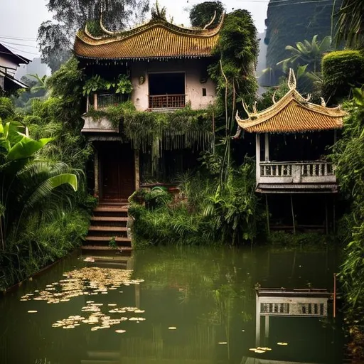 Prompt: Picturesque Vietnam. A corner balcony brushes up against the brambles. A lantern hangs on the corner, shining with gold flakes because the house was just blessed. A short couple watches from that balcony without a railing the dancing children and the young cows. It is early morning and the sky is grey and a mist spills out in the field and creeps out of a dirty swimming pond. The distance is the most striking. A Large gold Stupa, Temple tower beams the radiance of the buddha into and over the community. That is why they are here. The highest sky is deep serene blue with streaks of yellow clouds that resemble Koi fish. This year will bless them all. 