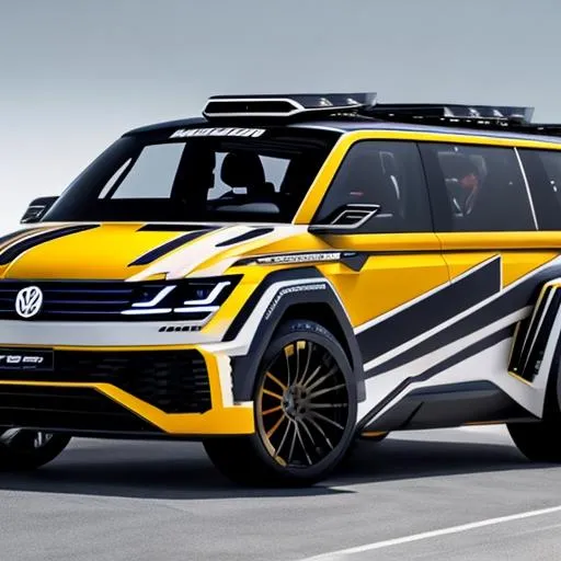 Prompt: Specced out rally version of the vw transporter, with a v12 in the back, with an enormous and complicated tear wing