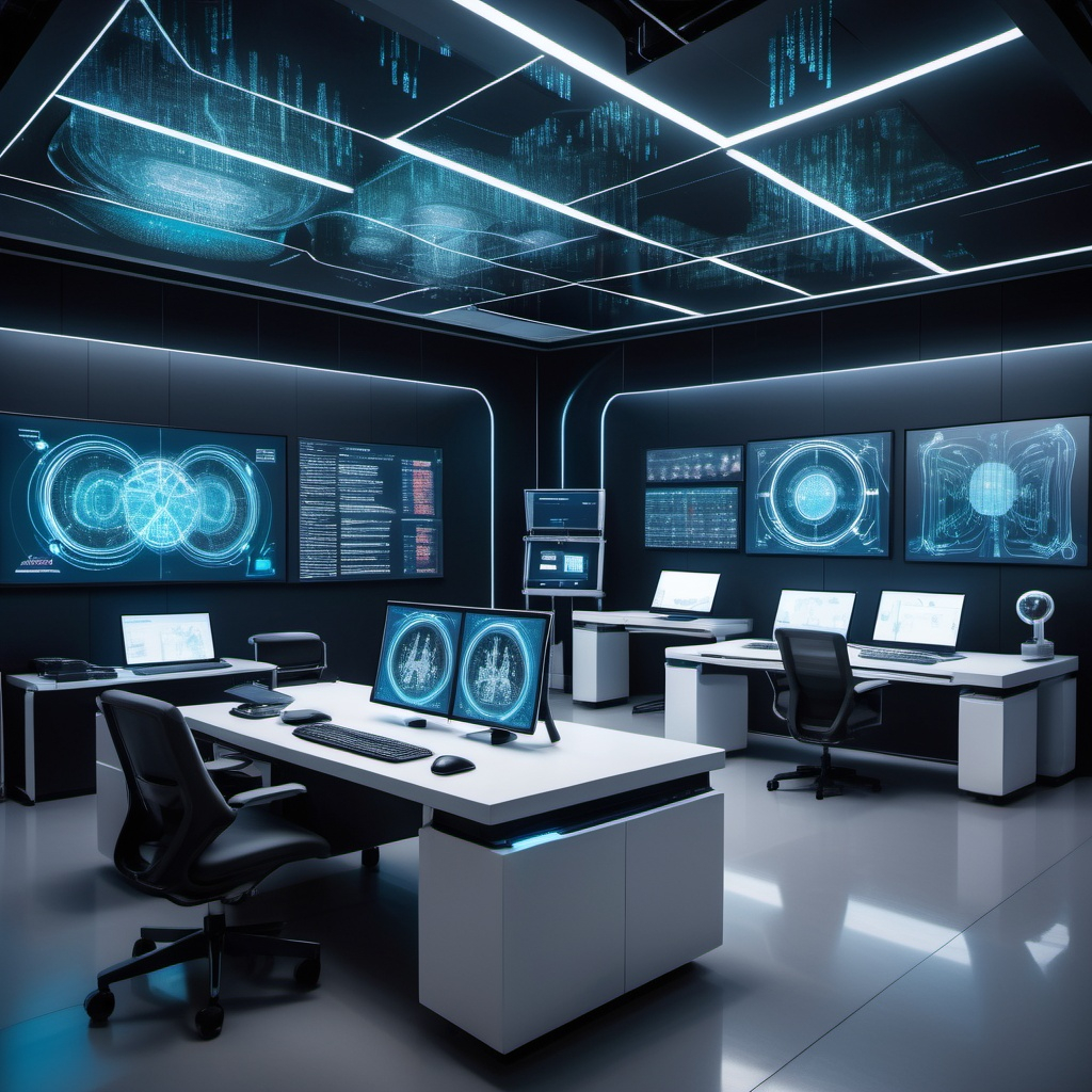 A futuristic AI startup laboratory with sleek, moder...